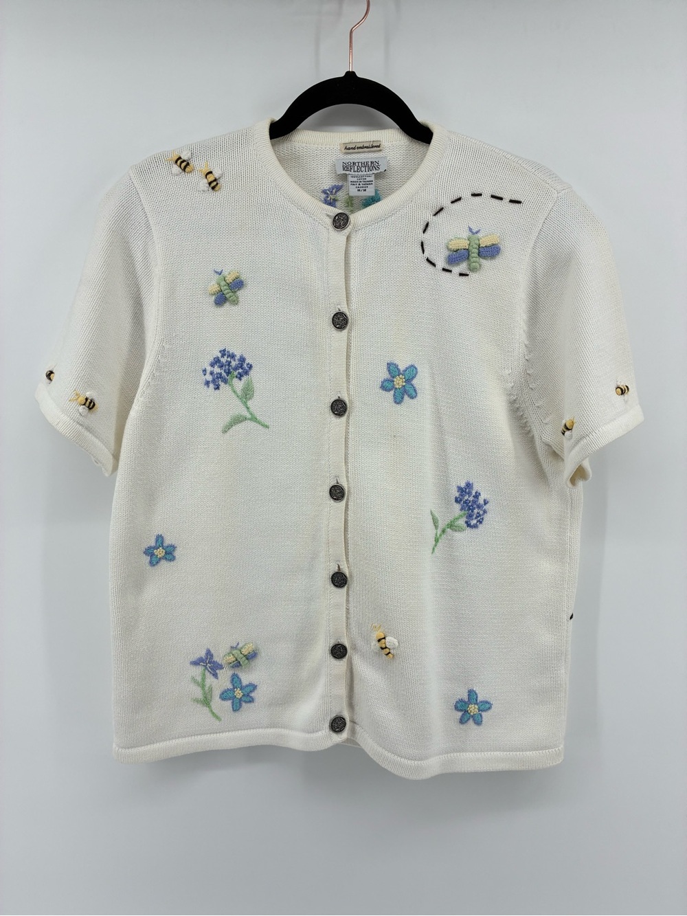 Northern Reflections Cream Hand Embroidered Bee & Blue Floral Cardigan